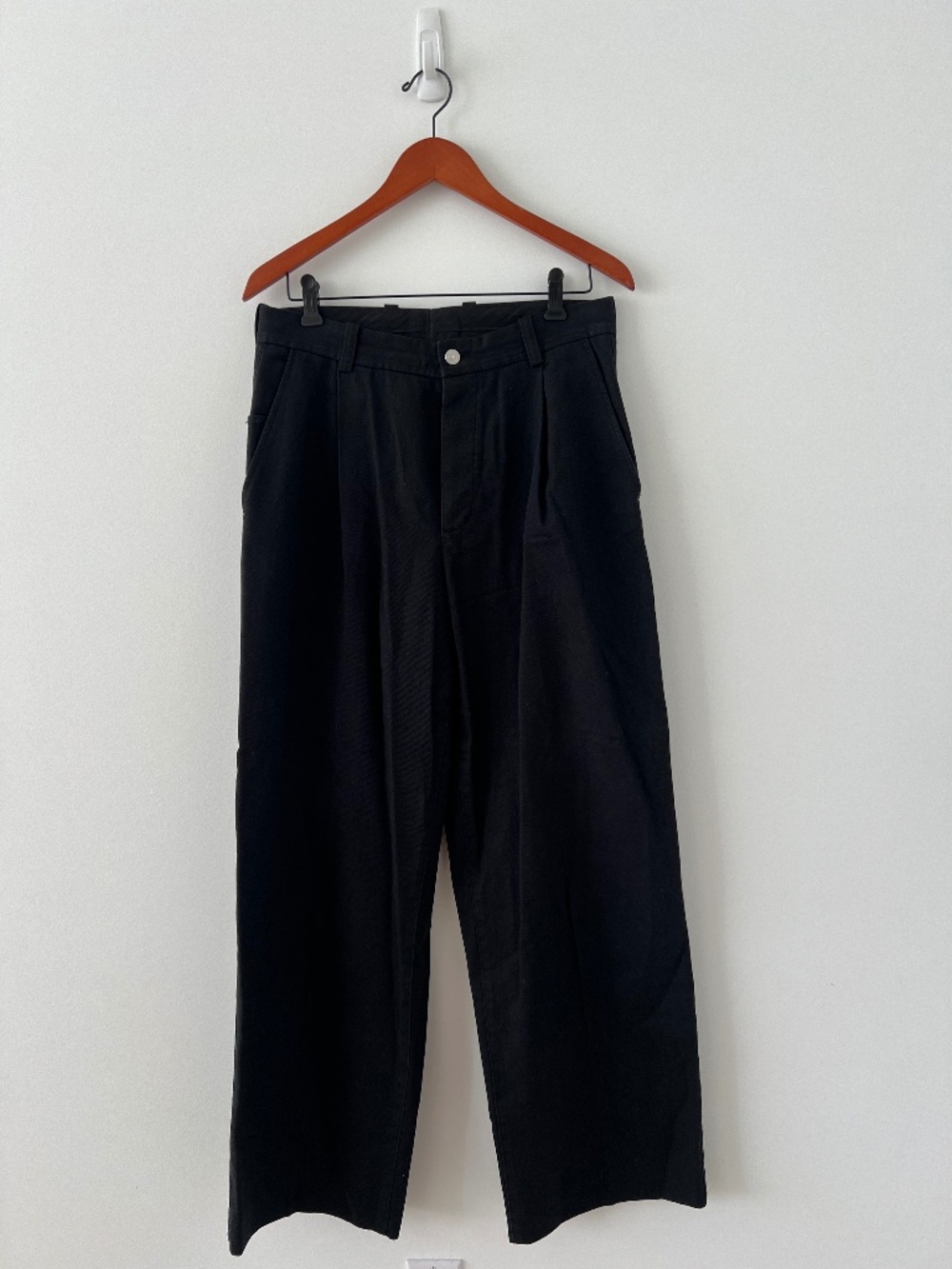 COS Black Wide Leg Pleated Trousers Unisex 30R Cotton Linen High Rise Baggy